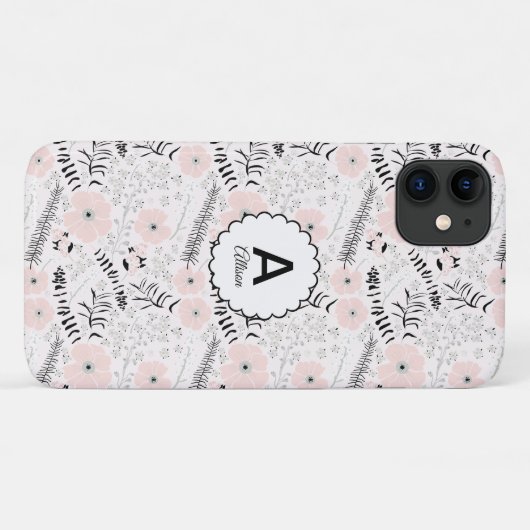 Gray Pink Whimsical Flowers Monogram Case-Mate iPhone Case (Achterkant (horizontaal))