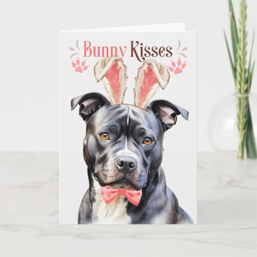 Gray Pit Bull Dog in Bunny Ears voor Pasen Feestdagen Kaart (Voorkant)