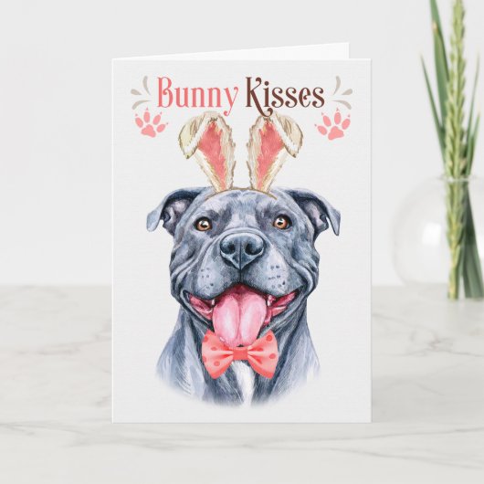 Gray Pit Bull Dog in Bunny Ears voor Pasen Feestdagen Kaart (Voorkant)