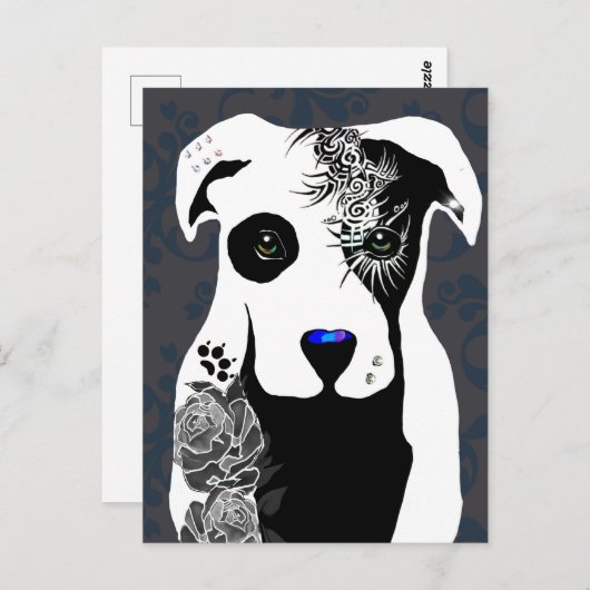 Gray Pit bull dog tattoos and piercing rose  Briefkaart (Voorkant / Achterkant)