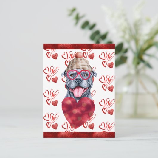 Gray Pitbull Harten Hondenliefhebber Valentijn Gif Feestdagenkaart (Staand voorkant)