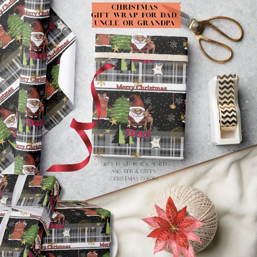 Gray Plaid Santa Christmas Wrapping Paper for Dad Cadeaupapier