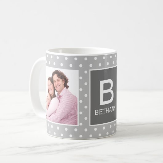 Gray Polka Dot Custom Photo Monogram Koffiemok (Voorkant links)