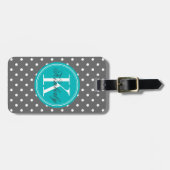 Gray Polka Dot met Blauwgroen Monogram Bagagelabel (Voorkant horizontaal)
