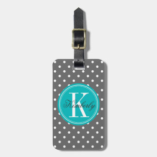 Gray Polka Dot met Blauwgroen Monogram Bagagelabel