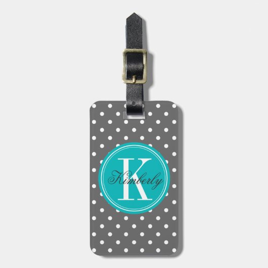 Gray Polka Dot met Blauwgroen Monogram Bagagelabel (Voorkant verticaal)