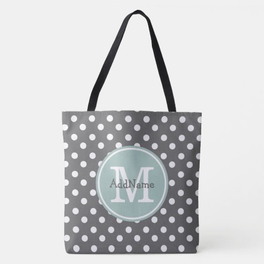 Gray Polka Dots, Mint Monogram & Gepersonaliseerde Tote Bag (Voorkant)
