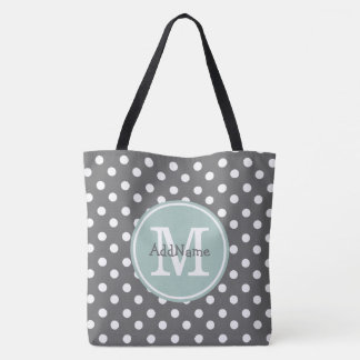 Gray Polka Dots, Mint Monogram & Gepersonaliseerde Tote Bag