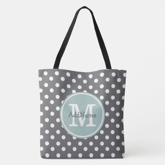 Gray Polka Dots, Mint Monogram & Gepersonaliseerde Tote Bag (Achterkant)
