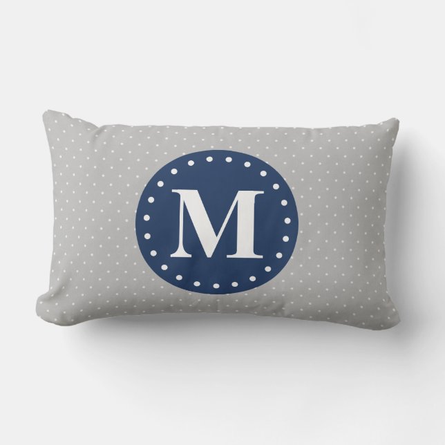 Gray Polka Dots Navy Blue Monogram Kussen (Voorkant)