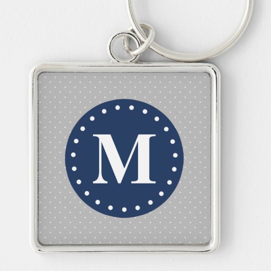Gray Polka Dots Navy Blue Monogram Sleutelhanger (Voorkant)