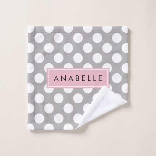 Gray Polka Dots, Polka Dot Pattern, Jouw naam Bad Handdoek (Wasdoekje)