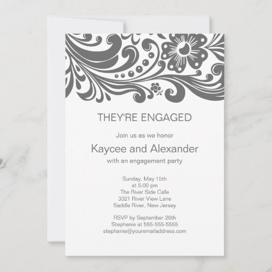 Gray Print Floral Swirls Verloving Invitations Kaart (Voorkant)
