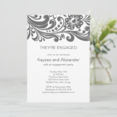 Gray Print Floral Swirls Verloving Invitations Kaart (Staand voorkant)