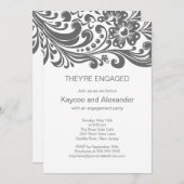 Gray Print Floral Swirls Verloving Invitations Kaart (Voorkant / Achterkant)