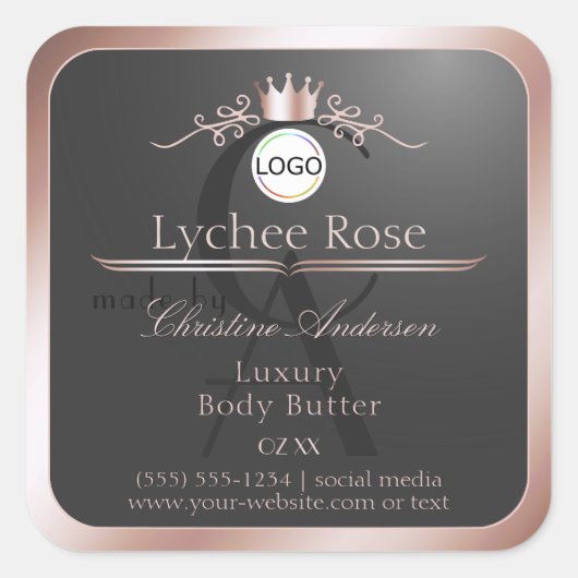 Gray Product Label Rose Gold Frame Logo Monogram (Voorkant)