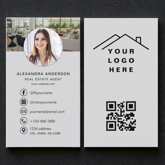 Gray QR Code Real Estate Agent Photo Logo Visitekaartje