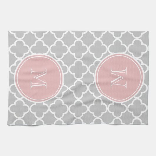 Gray Quatrefoil Patroon, Roze Monogram Theedoek (Horizontaal)
