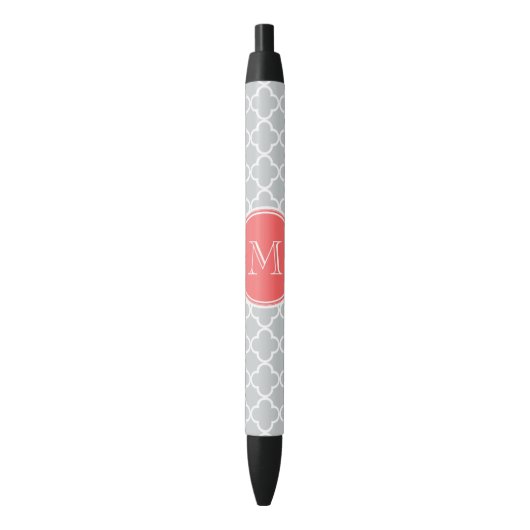 Gray Quatrefoil Pattern, Coral Monogram Zwarte Inkt Pen (Voorkant Verticaal)
