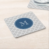 Gray Quatrefoil Pattern, Navy Blue Monogram Kartonnen Onderzetters (Schuin)