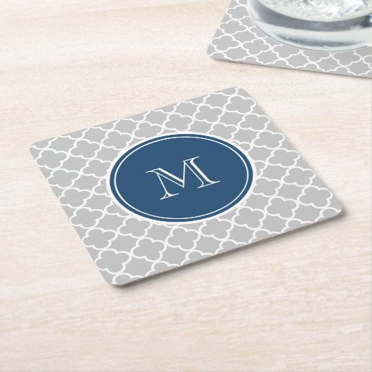 Gray Quatrefoil Pattern, Navy Blue Monogram Kartonnen Onderzetters (Schuin)