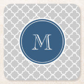 Gray Quatrefoil Pattern, Navy Blue Monogram Kartonnen Onderzetters (Voorkant)