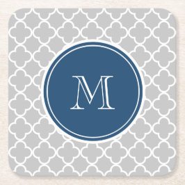 Gray Quatrefoil Pattern, Navy Blue Monogram Kartonnen Onderzetters