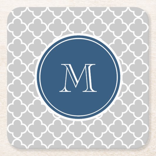 Gray Quatrefoil Pattern, Navy Blue Monogram Kartonnen Onderzetters (Voorkant)