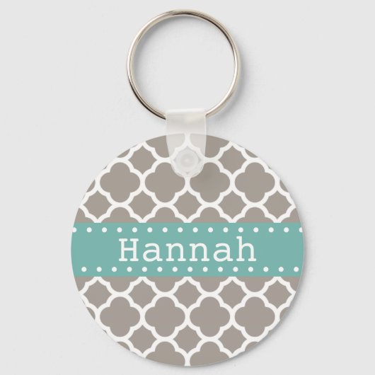 Gray Quatrefoil Pattern Turquoise Ribbon Sleutelhanger (Voorkant)