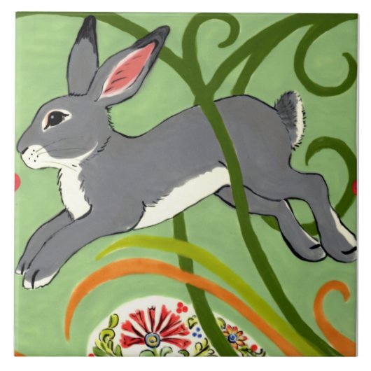 Gray Rabbit on Green Art Deco Designer Tegel Trive Tegeltje (Voorkant)
