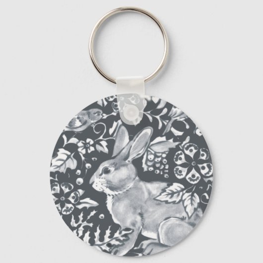 Gray Rabbit Pattern Floral Bird Woodland Sleutelhanger (Voorkant)