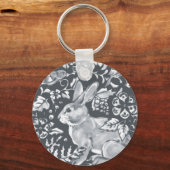 Gray Rabbit Pattern Floral Bird Woodland Sleutelhanger (Voorkant)