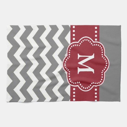 Gray Red Chevron Monogram Towel Theedoek (Horizontaal)