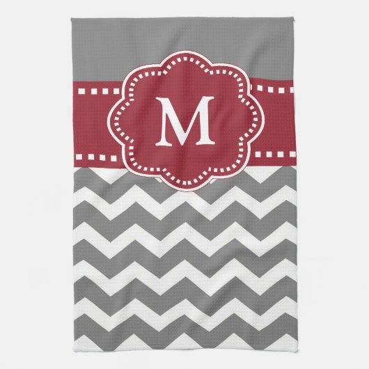 Gray Red Chevron Monogram Towel Theedoek (Verticaal)