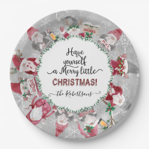 Gray Red Gnomes Merry Little kerstsnowflakes Papieren Bordje