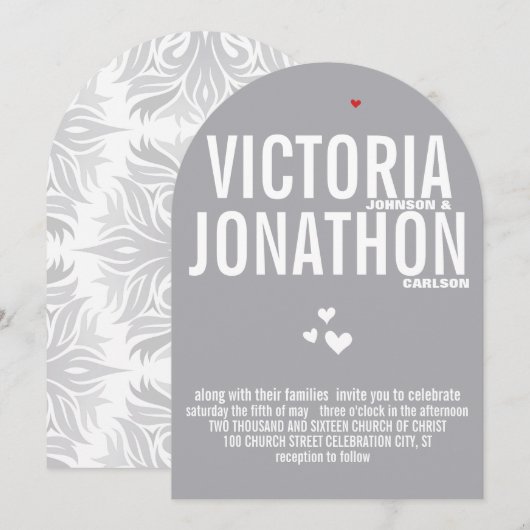 Gray Red Heart Gray Floral Typografie Weddenschap Kaart (Voorkant / Achterkant)