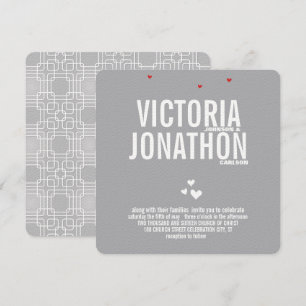 Gray Red Heart Modern Typography Wedding Kaart