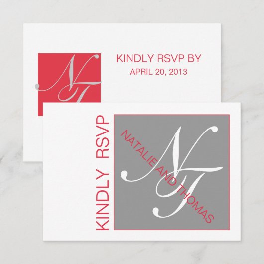 GRAY RED INITIALEN INTERTWINED WEDDING RSVP (Voorkant / Achterkant)