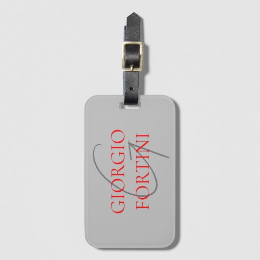 Gray Red Jouw naam Initiaal Monogram Modern Bagagelabel (Voorkant (verticaal))