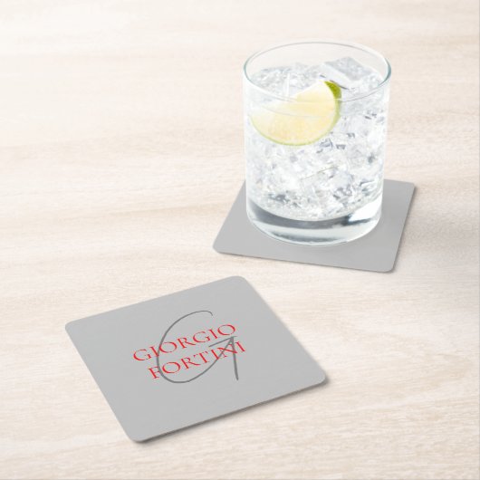 Gray Red Jouw naam Initiaal Monogram Modern Kartonnen Onderzetters (Insitu)