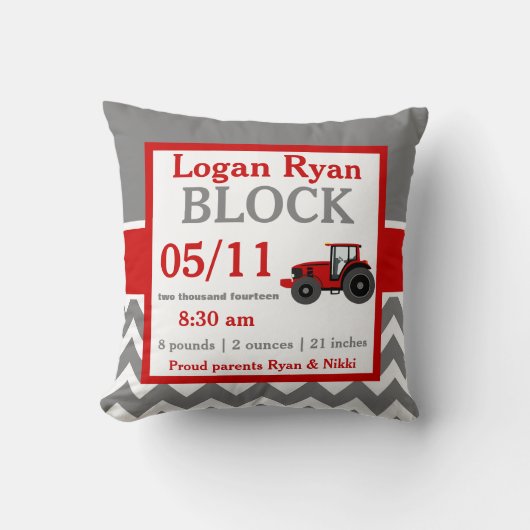Gray Red Tractor Baby Announcement Pillow Kussen (Voorkant)