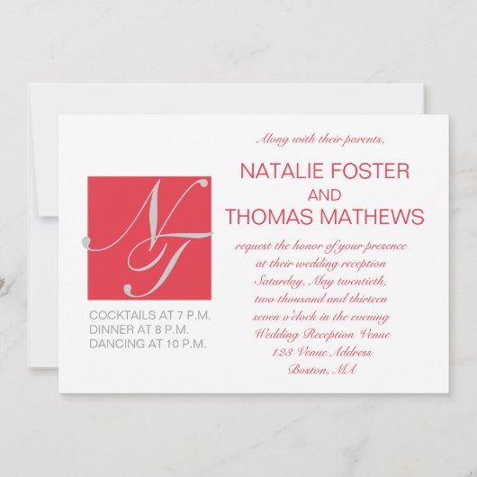 GRAY RED WHITE INITIALEN SIMPLE WEDDING ONTVANGST KAART (Achterkant)