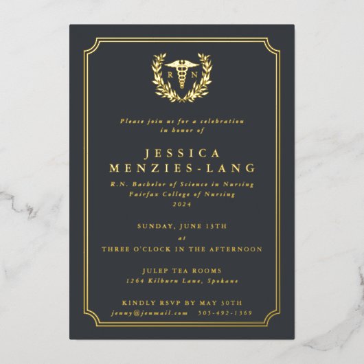 Gray Registered Nurse Caduceus+Laurel Wreate Folie Uitnodiging (Voorkant)