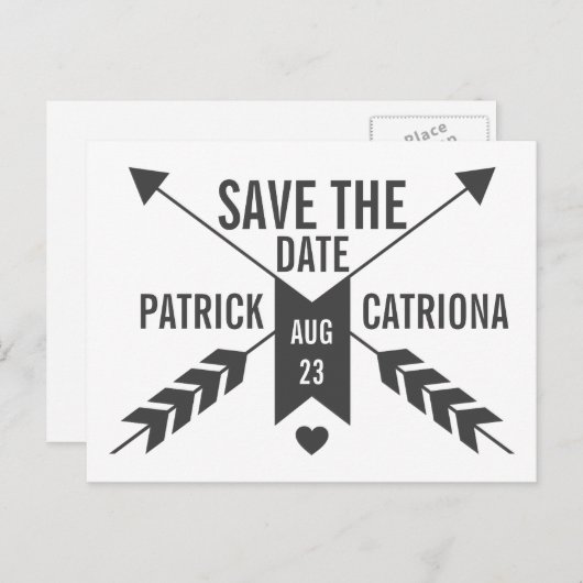GRAY RETRO ARROWS AND HEART SAVE THE DATE BRIEFKAA AANKONDIGINGSKAART (Voorkant / Achterkant)