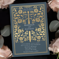 Gray Royal Medieval Gold Sword Wedding Invitation