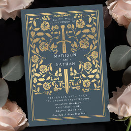 Gray Royal Medieval Gold Sword Wedding Invitation Kaart