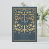 Gray Royal Medieval Gold Sword Wedding Invitation Kaart (Staand voorkant)