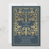 Gray Royal Medieval Gold Sword Wedding QR Code Kaart (Voorkant)