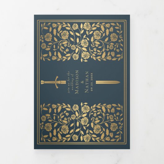 Gray Royal Medieval Sword Wedding Drieluik Uitnodiging (Cover)