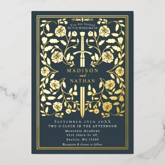 Gray Royal Medieval Sword Wedding Folie Uitnodiging (Voorkant)